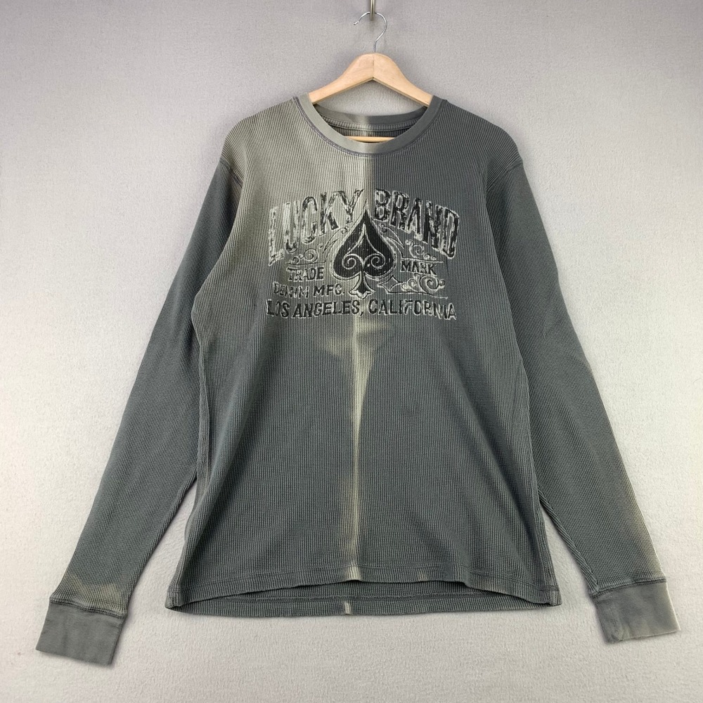 Vintage Lucky Brand Thermal Top Mens XL Faded Long Sleeve Graphic Tee Y2K Rare